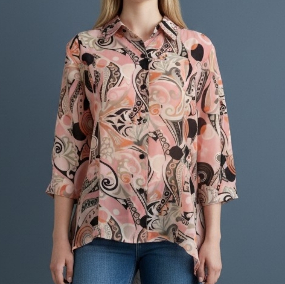 Vtg Kathy Che Y2k Pink Floral Mod Chiffon Button Down Assymetric Collared Shirt